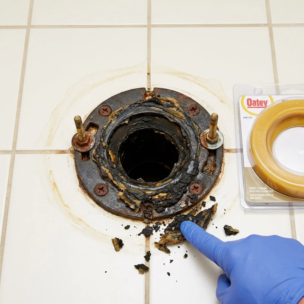 Failed wax ring showing water seepage at the base of a toilet in a Monticello, WI home