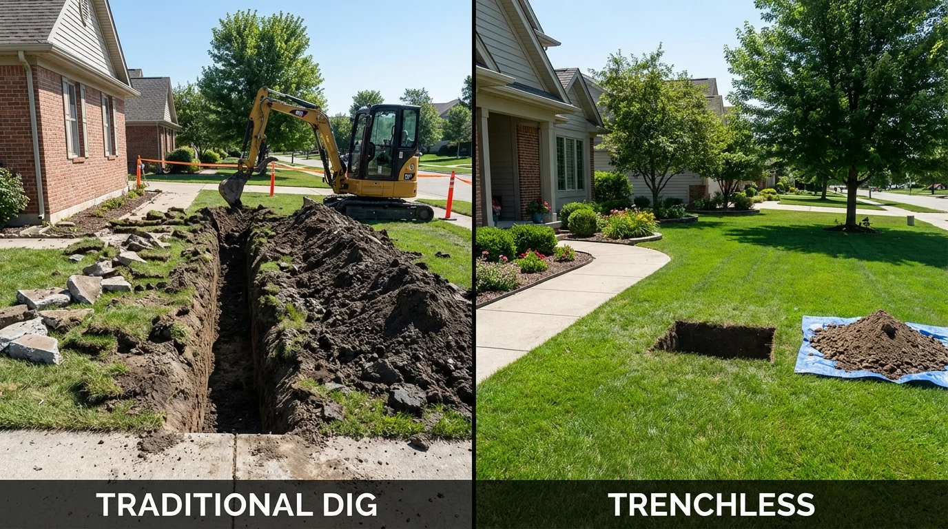 Trenchless sewer repair with minimal yard damage versus traditional excavation in Monticello, WI